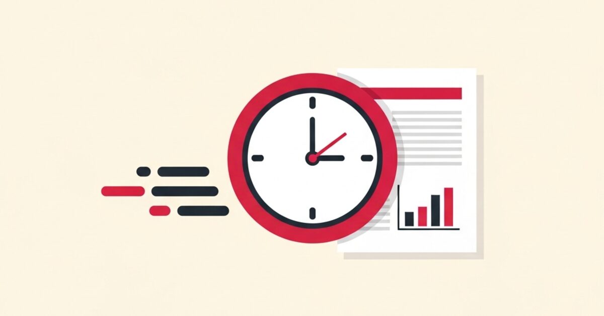 Illustration: a clock and a report document with speed lines
