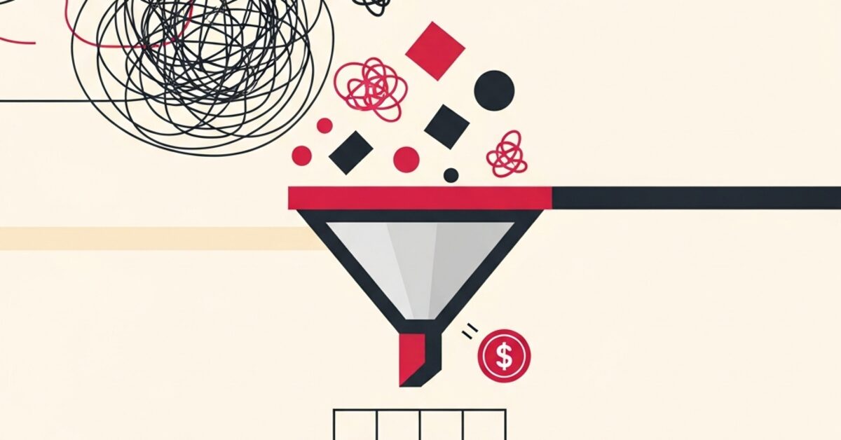 Illustration: messy data filtered through a funnel with a cost coin