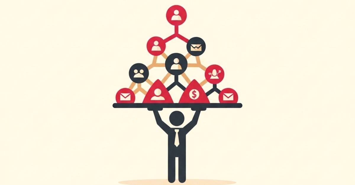 Illustration: a single figure holding up a company's network of nodes
