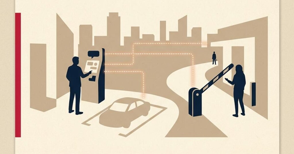 Concept illustration connecting an AI assistant panel to a parking space and an entrance gate