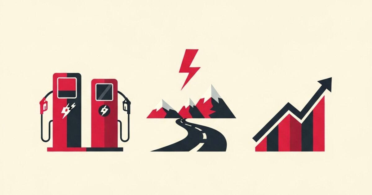 Illustration: EV charging stations along a mountain highway with a rising graph