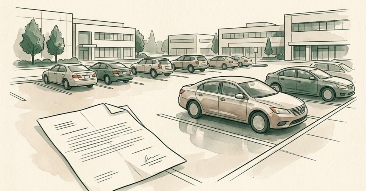 Concept illustration of a patent document beside a parking lot and a vehicle