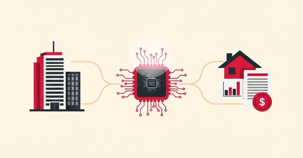 Illustration: AI linking a modern building to data-driven property analysis