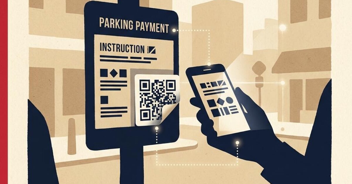 Concept illustration of a counterfeit QR sticker peeling from a parking payment sign beside a phone