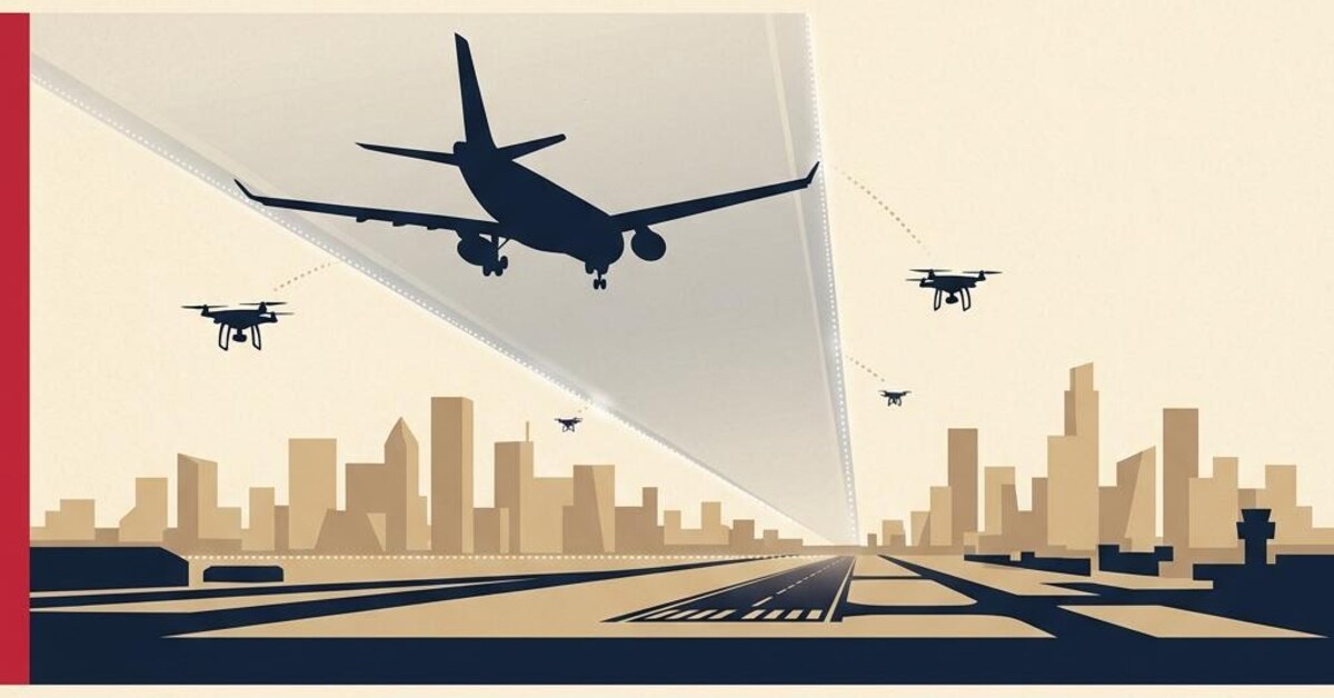 Concept illustration of an airliner approaching a runway inside a protected corridor with drones outside it