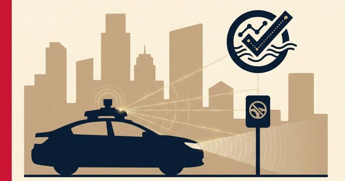Concept illustration of a self-driving car checking a parking marker using visible and LiDAR patterns