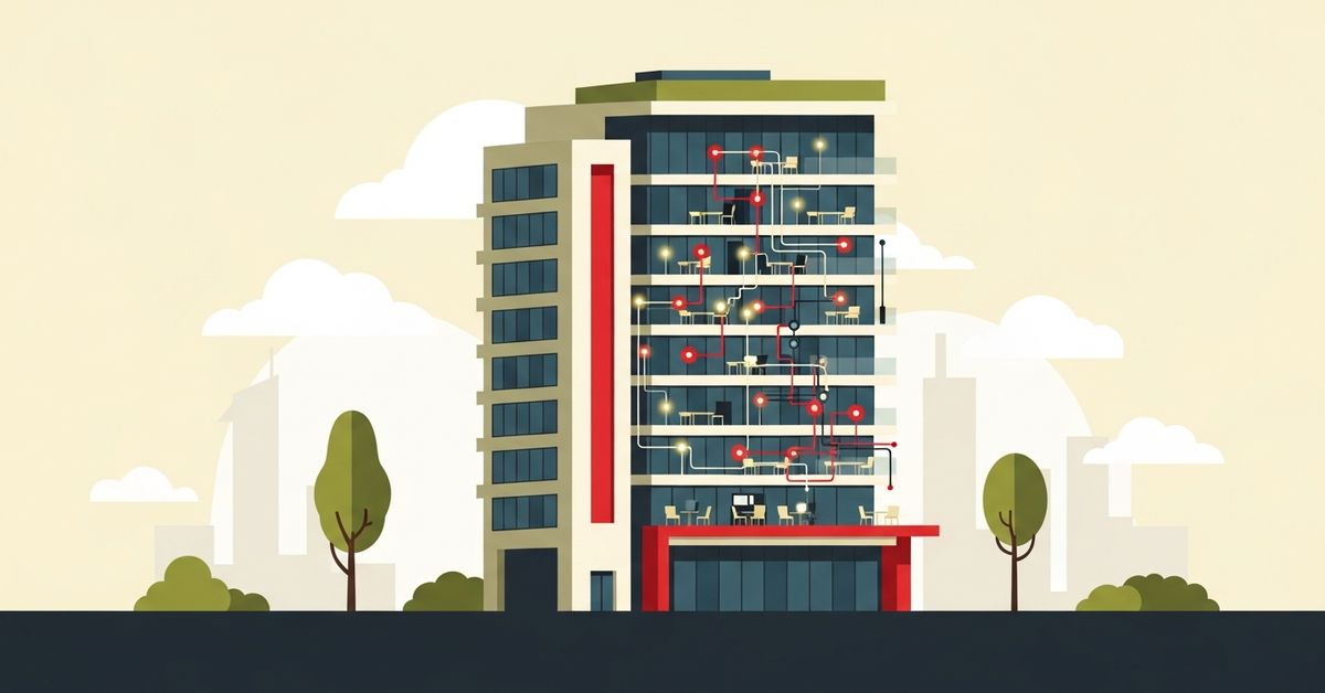 Illustration: a modern building with a glowing digital nervous system of sensors and data nodes running through it