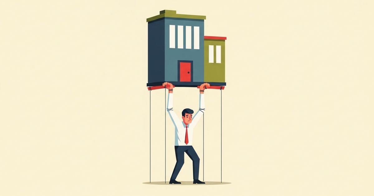 Illustration: a single owner straining to hold up an entire office building tethered to every department