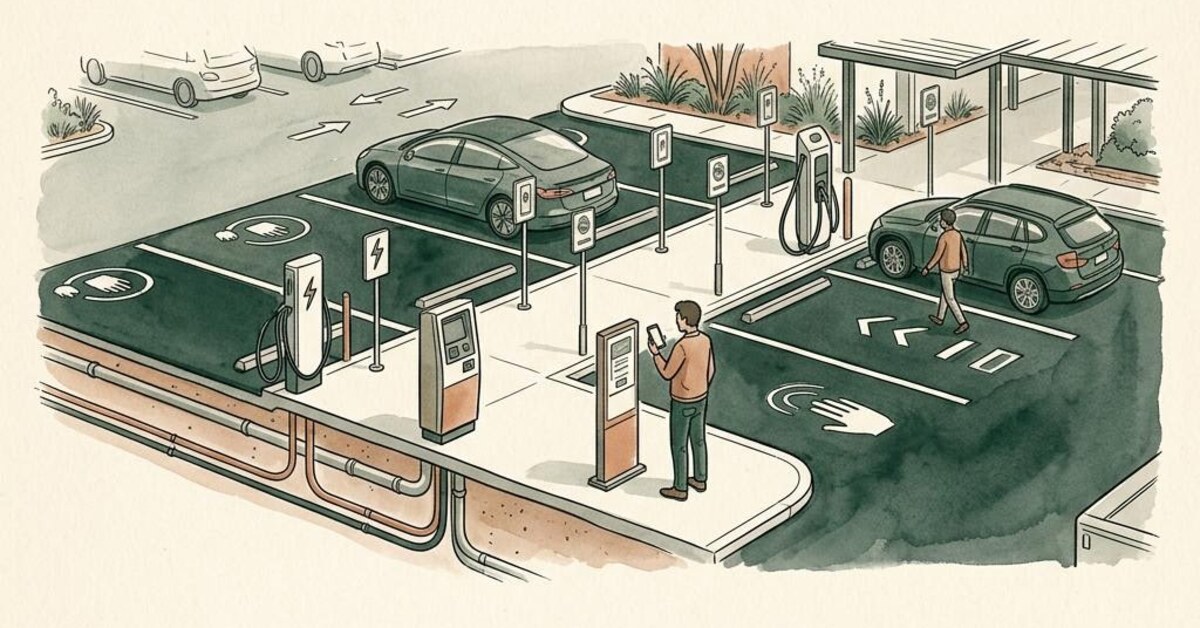 Concept illustration of a parking site with electrical conduit, software payment and designated vehicle spaces