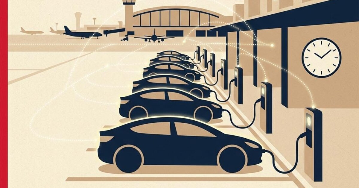 Concept illustration of electric cars at airport-adjacent charging bays with a scheduling clock