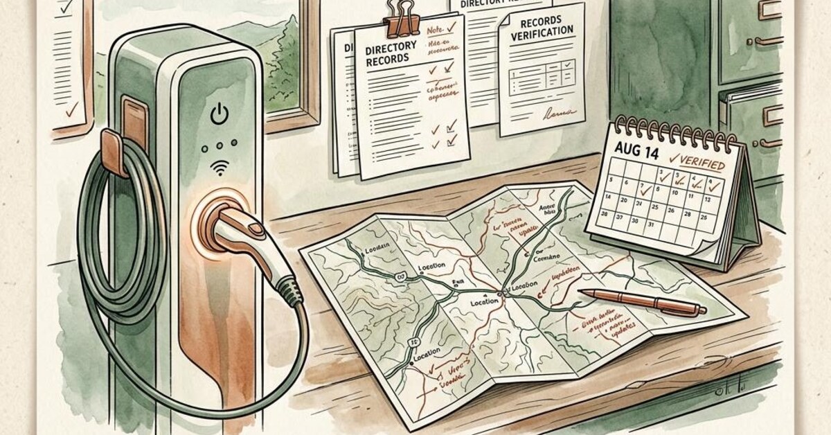 Concept illustration of an EV charging station beside a map and a record verification calendar