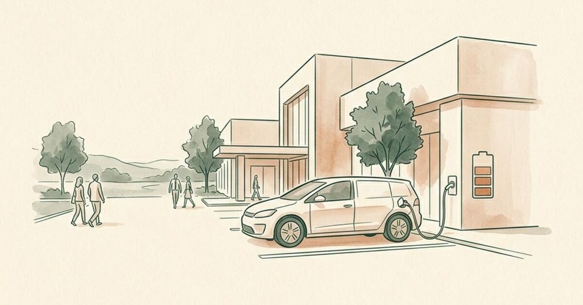 Concept illustration of an electric fleet car sharing power with a building while reserving energy for its next trip